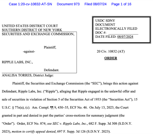 Ripple 被判支付 1.25 億美元罰款，XRP 價格大&nbsp;圖片