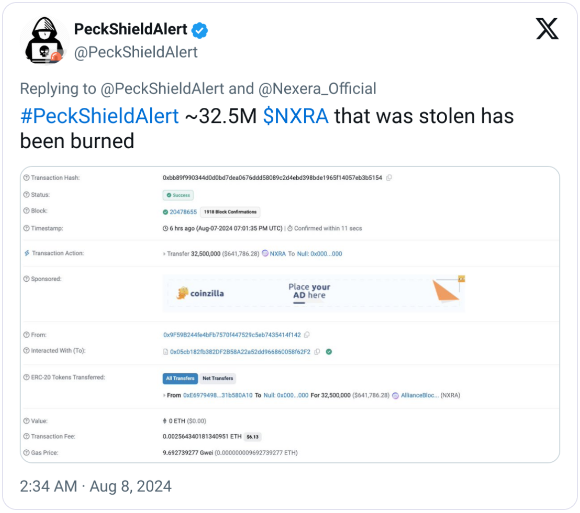 Nexera銷毀3250萬個(gè)NXRATokens應(yīng)對(duì)黑客攻擊圖片