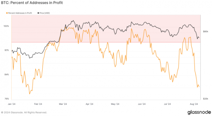 Bitcoin盈利地址比例從減半前的100%降至80%圖片