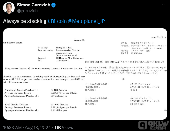 日本Metaplanet公司再購5億日元Bitcoin，總持倉&nbsp;圖片